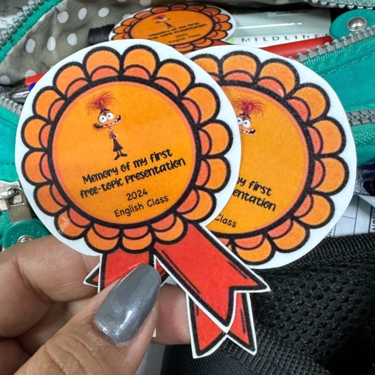 Motivational ribbons for eighth grade students after their oral reports (their first time speaking in english in front of an audience) 